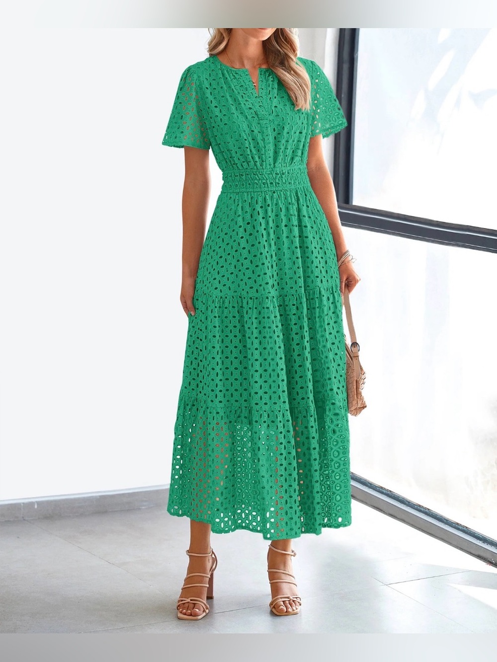 PrettyGarden V Neck Hollow Out Eyelet Maxi Dress - L